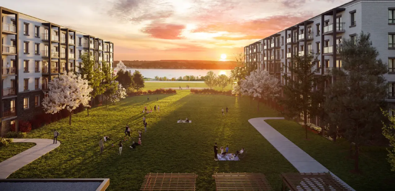 Rendering illustration of two mid-rise apartment buildings with Georgian Bay in the background