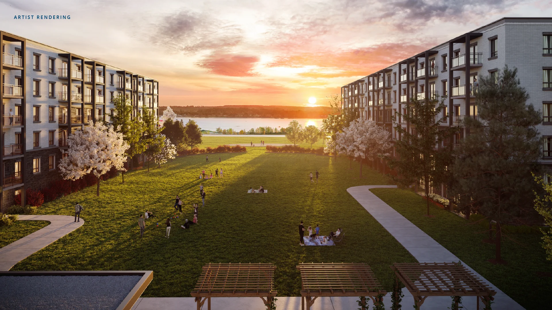 Rendering illustration of two mid-rise apartment buildings with Georgian Bay in the background